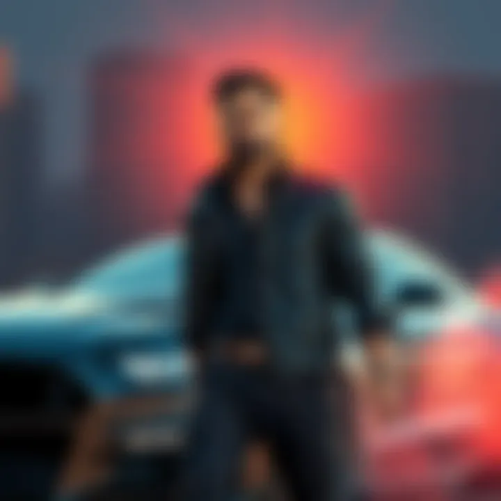 Amir's character in Fast & Furious, showcasing his bold personality and stylish look, standing next to a high-speed car.