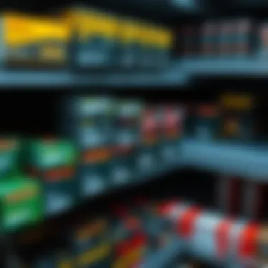 Various types of ammunition boxes displayed on shelves showing different capacities
