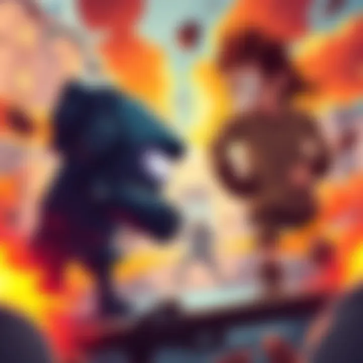 Characters from Among Us and Fall Guys A vibrant illustration showing a character from Among Us facing off against a character from Fall Guys in an animated battle scene