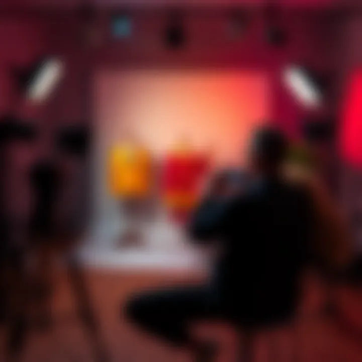 A scene from the photoshoot of Amor Infinitus showing mismatched wardrobe colors and a photographer adjusting the lighting.