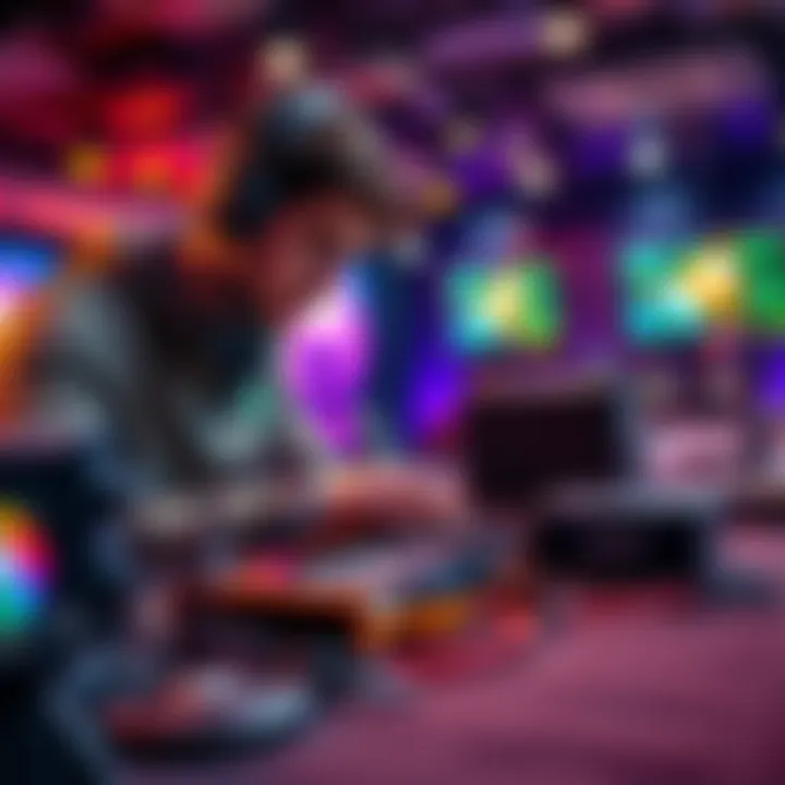 A gamer adjusts settings on an amp during a tournament, showcasing various amps on a table with intense focus on their performance.