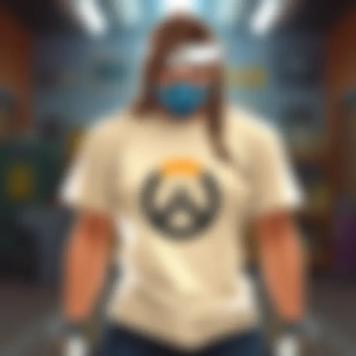 Cream colored t-shirt featuring Overwatch character Ana's face and logo