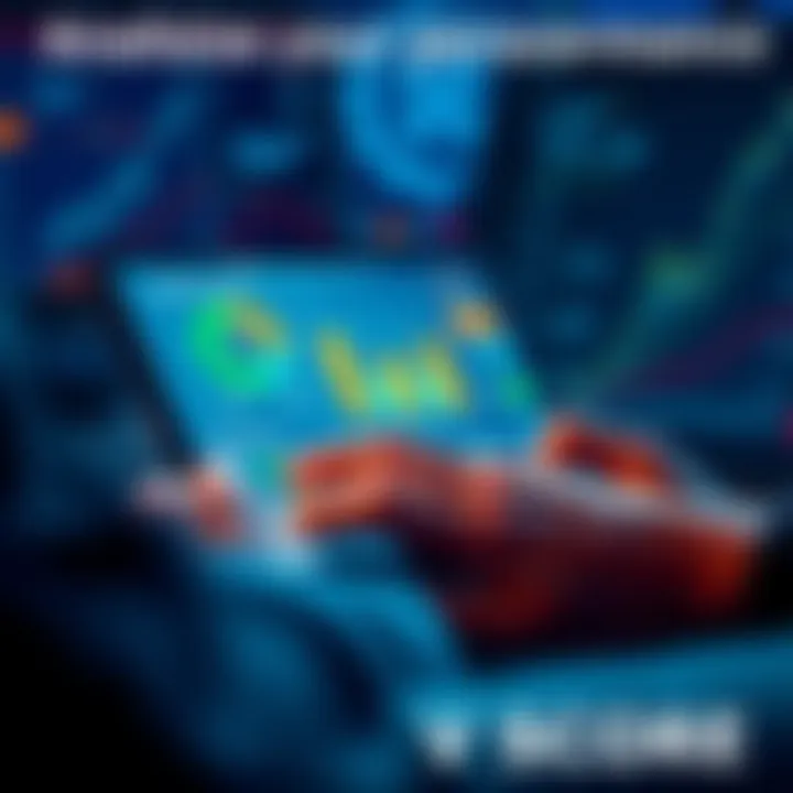 Analyzing Performance Metrics A person reviewing a performance score chart on a tablet, with graphs and data visuals in the background.