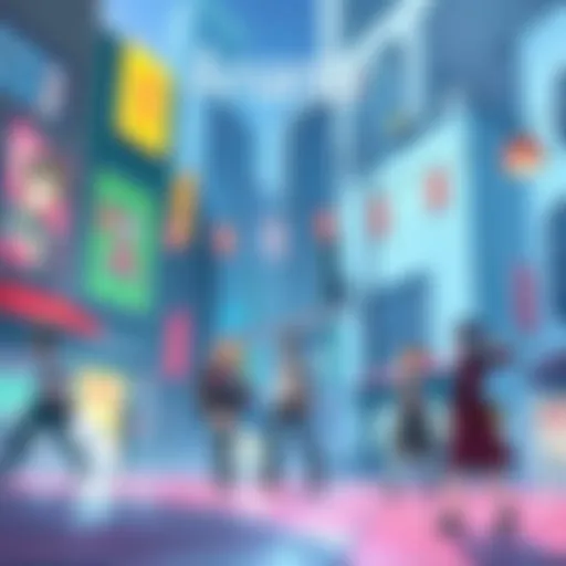 A vibrant urban scene from Ananta showcasing anime characters and buildings