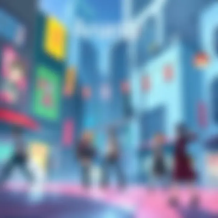A vibrant urban scene from Ananta showcasing anime characters and buildings
