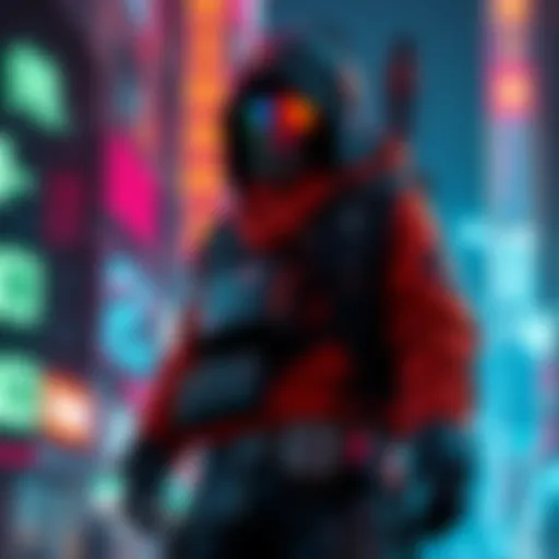 A character dressed in futuristic gear stands defiantly, with a backdrop of a city under neon lights, symbolizing the conflict of saving the president while opposing the system.