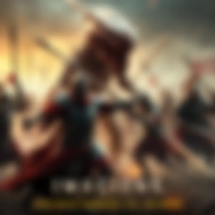 Ancient soldiers in armor clash with a futuristic alien creature in a dramatic battle scene