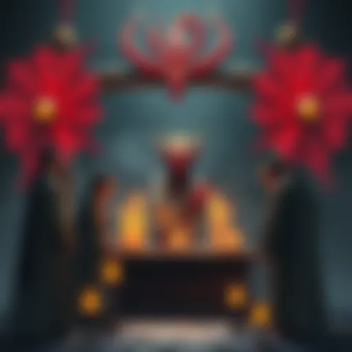 A group of people dressed in traditional attire, discussing the ancient dragon cult at a stone altar surrounded by candles.