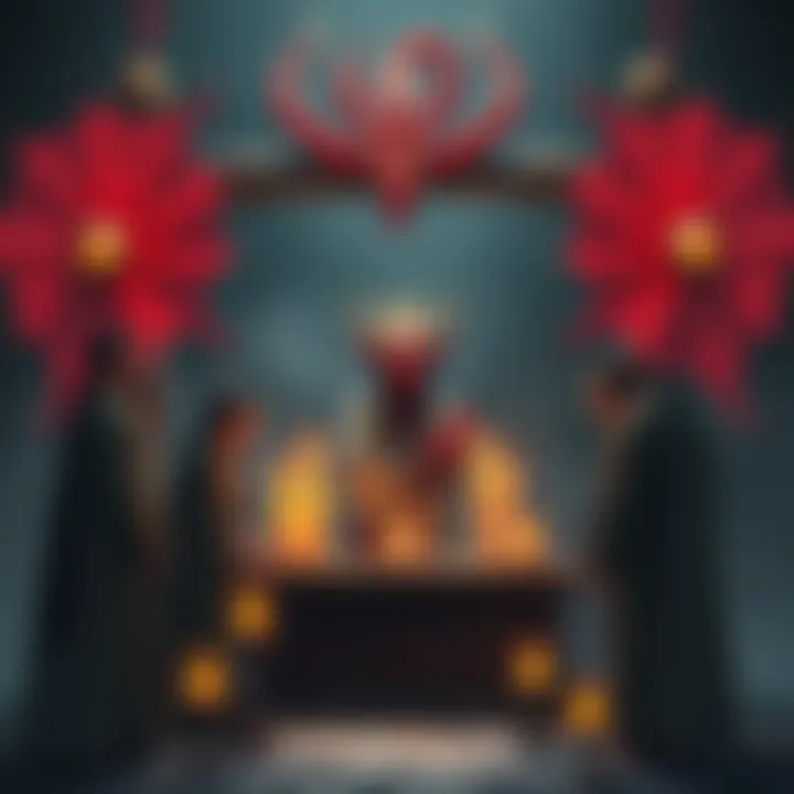 A group of people dressed in traditional attire, discussing the ancient dragon cult at a stone altar surrounded by candles.