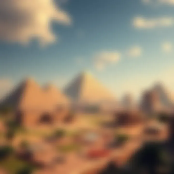 A scenic view of ancient Egyptian landmarks in Assassin's Creed Origins, featuring pyramids, temples, and lush landscapes.