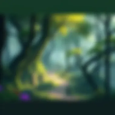 A lush green forest with tall trees, winding paths, and colorful gathering spots popular among fans.