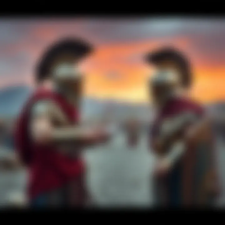 Ancient Greek Warriors Two ancient Greek warriors in armor discussing strategies in a battlefield setting inspired by the Peloponnesian War.