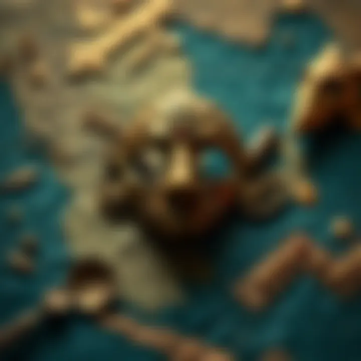 A close-up view of an ancient map showcasing a legendary mask believed to belong to Atlantis, highlighting the cleaning process and hidden details.