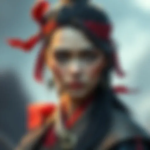 A character design representing an ancient warrior with unique facial features and a striking hairstyle adorned with a ribbon, showcasing her captivating look.