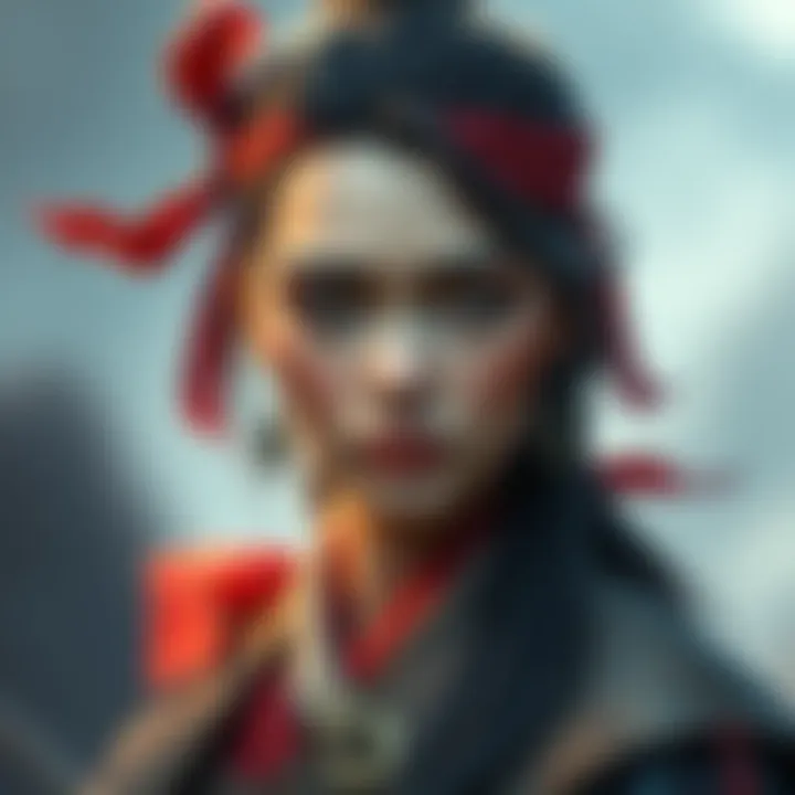 A character design representing an ancient warrior with unique facial features and a striking hairstyle adorned with a ribbon, showcasing her captivating look.