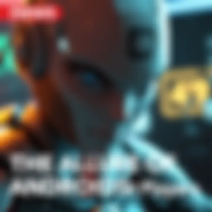 Close-up of a captivating android character with a mix of charm and a hint of menace, set against a gaming backdrop.