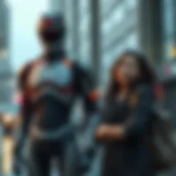An android standing by a young woman named Kara, offering support as they seek shelter in a city environment.