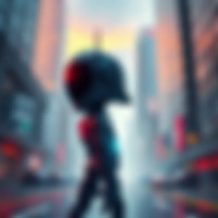 An android character with sleek design standing in a modern cityscape, symbolizing the blend of artificial intelligence and human life.