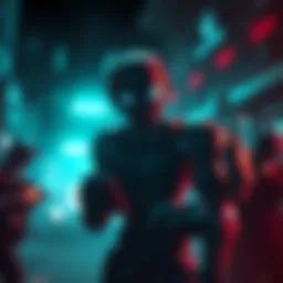 A futuristic android character interacting with human survivors in a dark, immersive gaming scene.