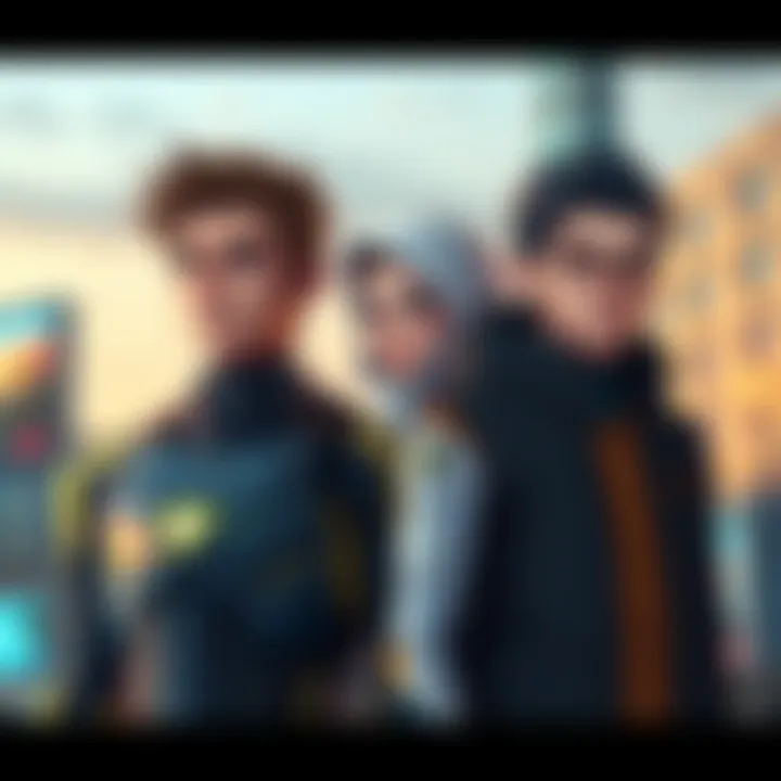 Android Characters Connor, Kara, and Markus Three Android characters representing Connor, a youthful figure, Kara, a nurturing mother, and Markus, an ambitious young man, standing together with city backdrop.
