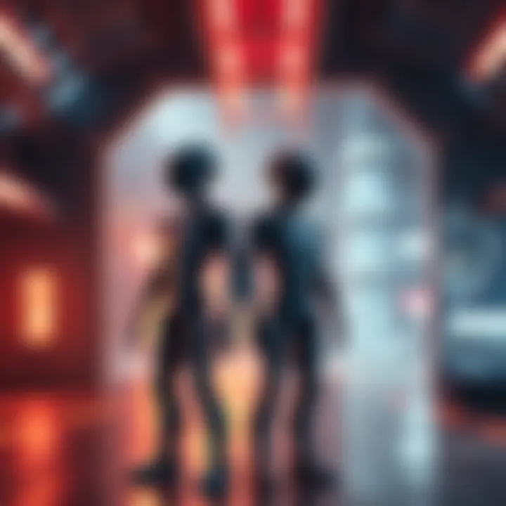 Two androids standing in a building on the Spaceport map, showcasing their design and features.
