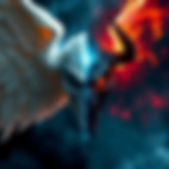 Angel and Demon Concept A split image showing an angel on one side, glowing and serene, and a demon on the other, dark and fierce, representing the choice between good and evil.