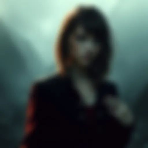 Angela stands in a dark, foggy environment, looking troubled and lost, symbolizing her struggle and desire for redemption.