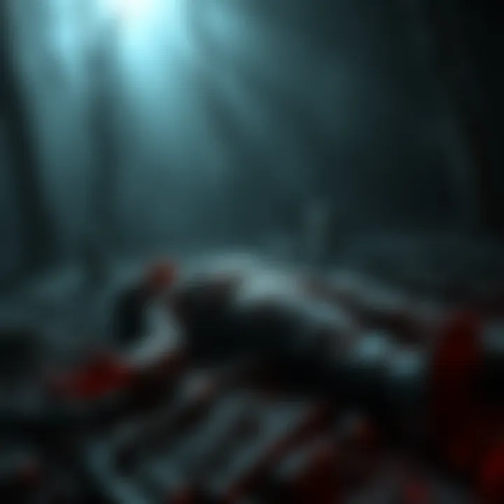 A dark, eerie scene depicting a dead body in Silent Hill, with hints of Angela's presence from Silent Hill 2.