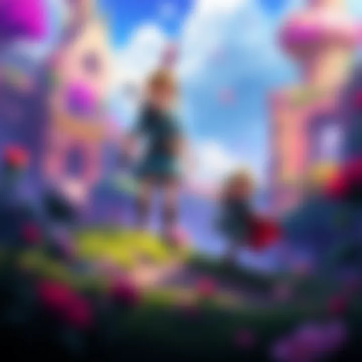 Two characters in a vibrant fantasy world exploring a colorful landscape filled with quest items and challenges