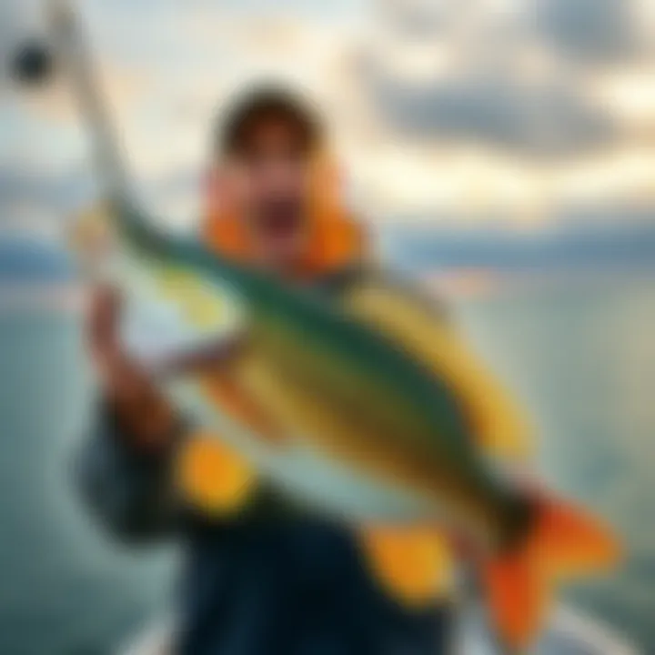 Angler with a Surprising Catch A fisherman looks surprised while holding a big fish caught unexpectedly during a fishing trip.