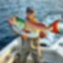 A fisherman proudly holding a large catch while standing on a boat, with ocean waves in the background