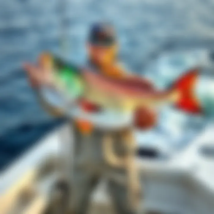 A fisherman proudly holding a large catch while standing on a boat, with ocean waves in the background