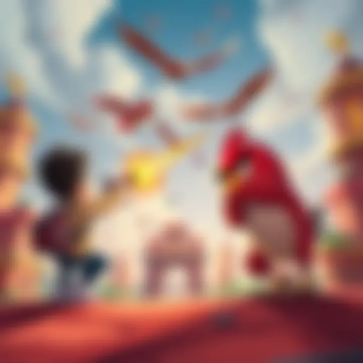 Two cartoon characters aim and launch birds to knock down structures in a vibrant game setting