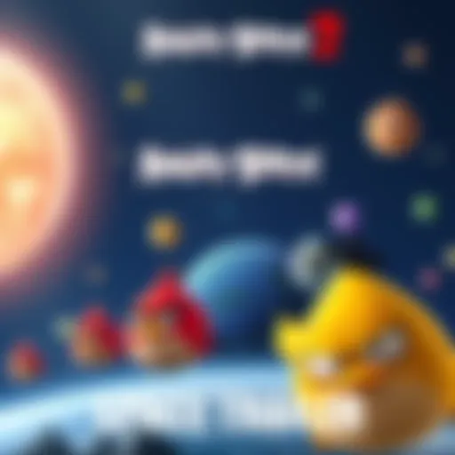 Angry Birds characters flying in space with colorful planets in the background