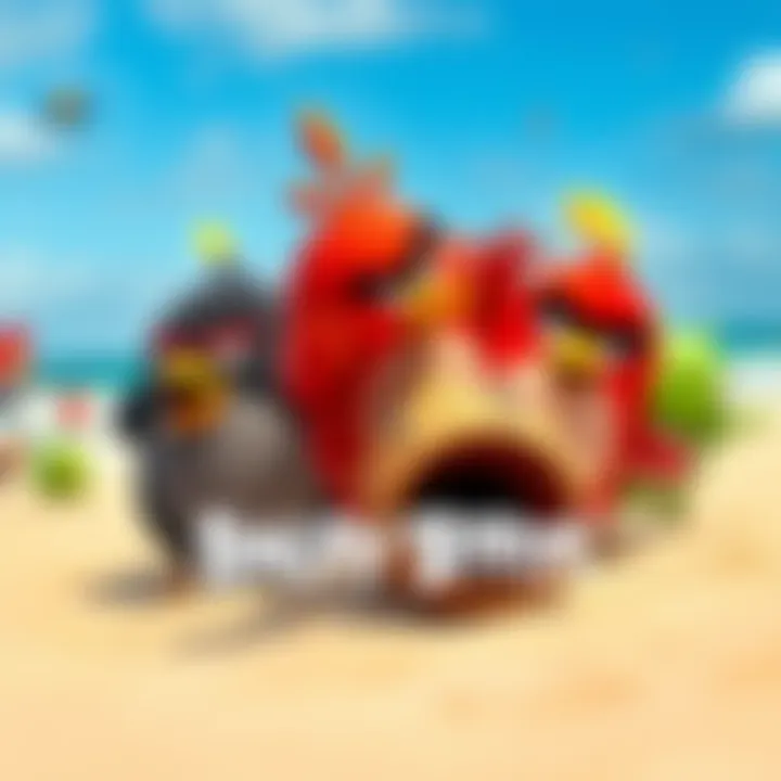 Colorful Angry Birds characters launching at pigs with a beach background