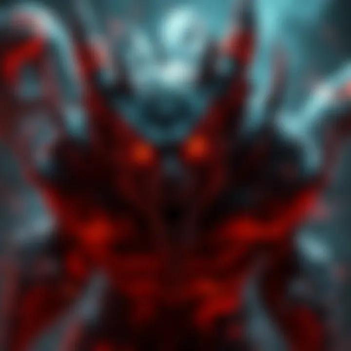 A fierce-looking Blood Edge Demon with glowing eyes and a menacing expression, surrounded by swirling dark energy, representing his fury in the online discussions.