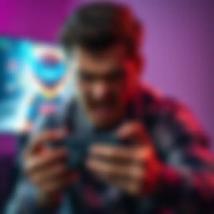 A frustrated gamer clutches a video game controller, expressing anger over an annoying character in a game.