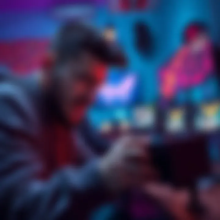 A person with an intense expression typing angrily on a game console chat, with a vivid gaming setup in the background