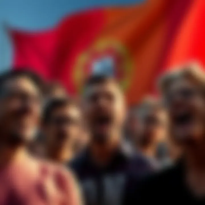Angry and Jealous People Group of people expressing anger and jealousy, with Portugal's flag in the background.