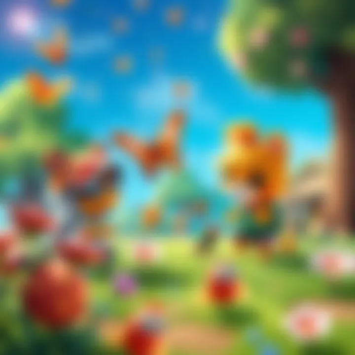 A colorful scene from Animal Crossing showing characters catching butterflies and collecting insects in a vibrant outdoor setting.
