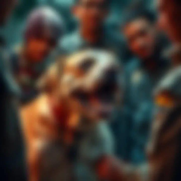 Animal cruelty incident A distressed animal receiving care after a cruelty incident, surrounded by concerned people