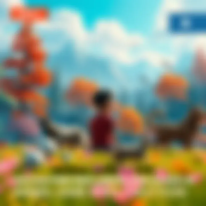 A gamer in a vibrant world surrounded by creatures, contemplating whether to solve a puzzle or continue exploring. The scenery features different biomes like forests and mountains.