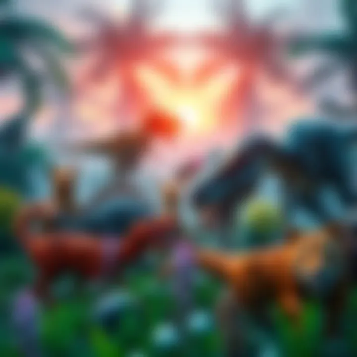 A scene showing various animals and dinosaurs in a lush environment, showcasing survival challenges and gameplay dynamics.