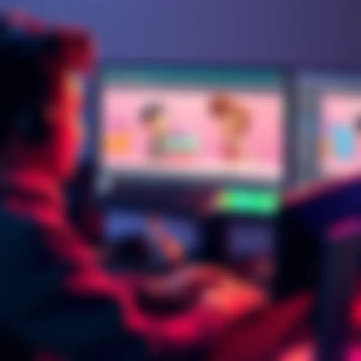 An animator using copy and paste techniques on a computer screen while creating animated characters.