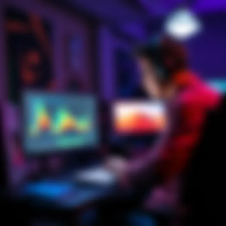 An animator working on a computer, adjusting keyframes in animation software to slow down movement, focusing on timing and scale.