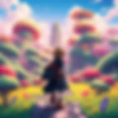 A vibrant anime-style character exploring a colorful, open landscape filled with lush greenery and fantasy elements