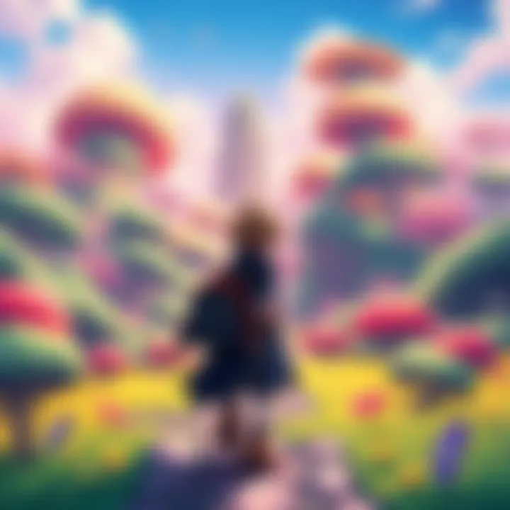 A vibrant anime-style character exploring a colorful, open landscape filled with lush greenery and fantasy elements