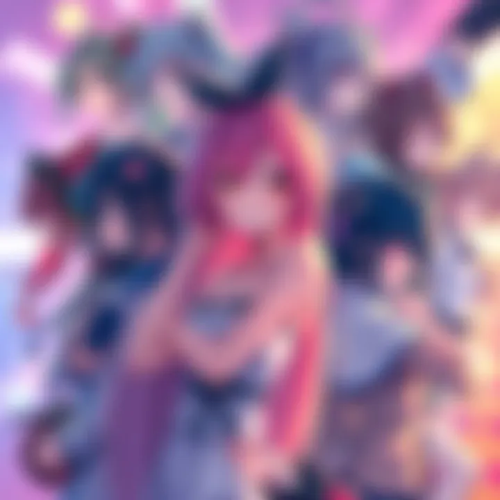 A colorful display of various anime characters, showcasing female characters from different games, set against a vibrant background.