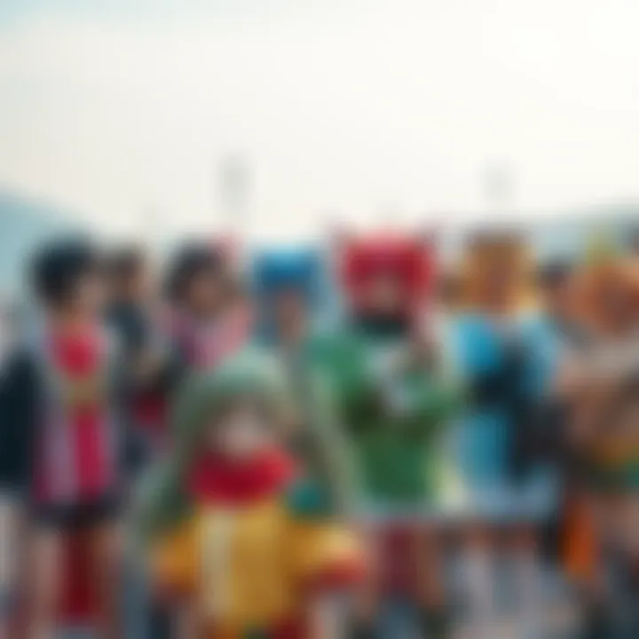 Group of anime fans dressed in colorful costumes at an outdoor event, celebrating their favorite characters through cosplay and art.