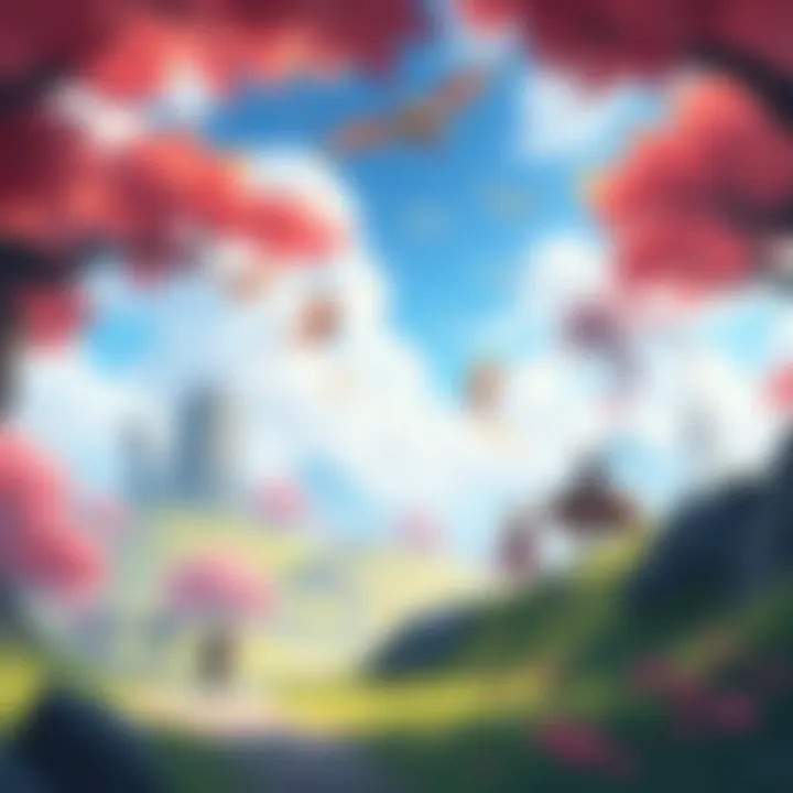 A vibrant open-world environment featuring anime-style characters exploring a lush landscape with fantasy elements and magical creatures